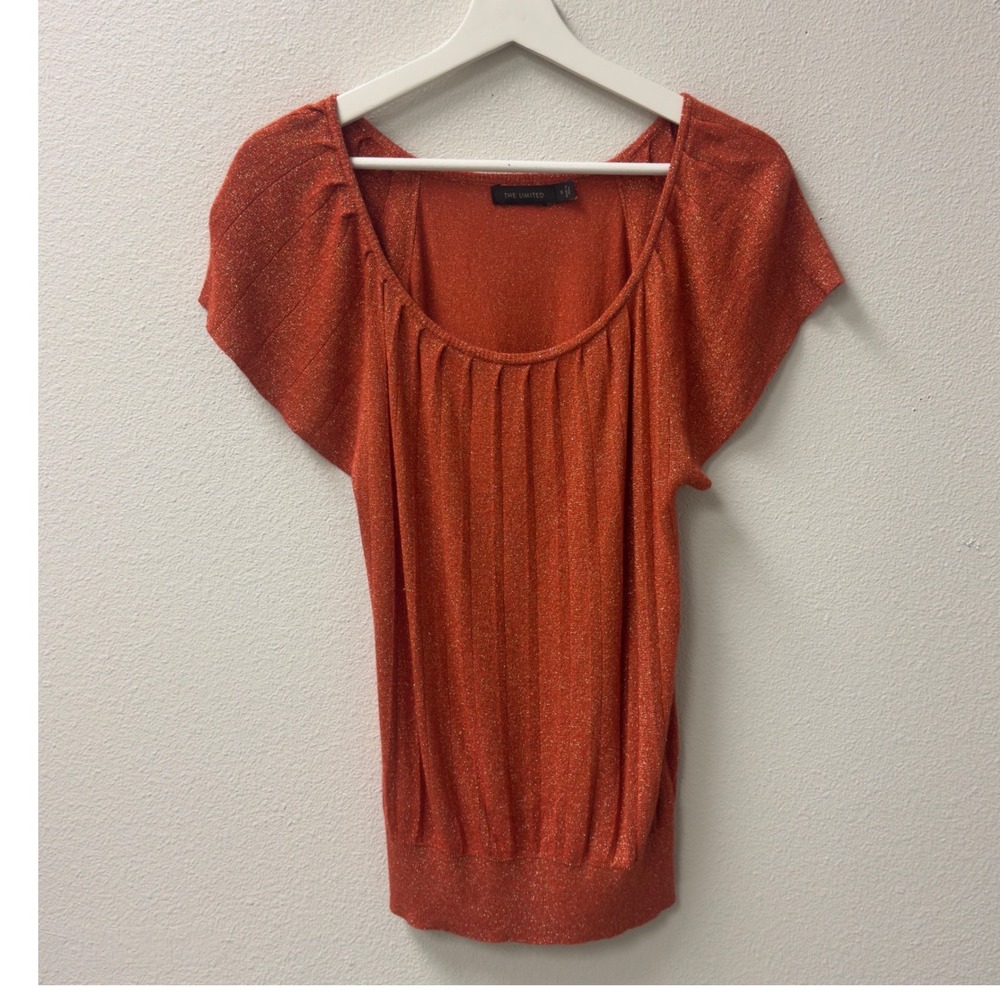 The Limited Pleated Metallic Knit Top Womens Small Orange Short Sleeve